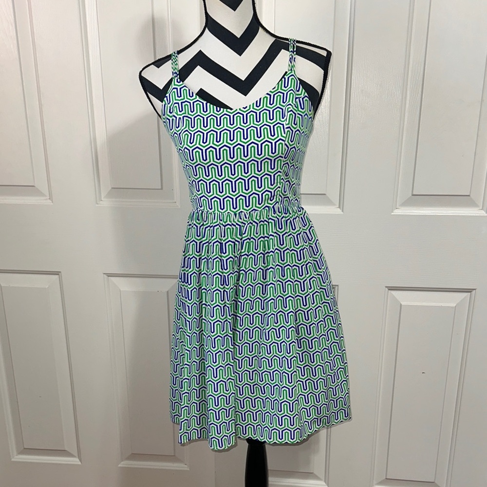 Amanda Uprichard Silk Green & Blue Geometric Spaghetti-Strap Mini Dress
